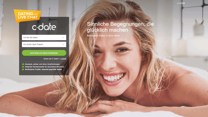 C-Date Landing Page, Singlefrau auf Bett lächelt