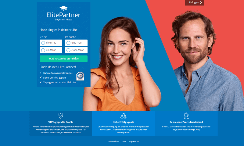 Elite Partner Startseite zeigt attraktive Frau und Mann