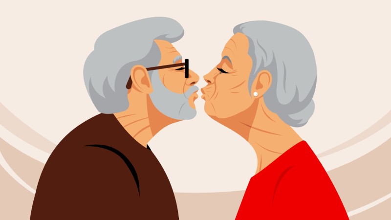Illustration von älterem Mann und Frau die dabei sind sich zu küssen