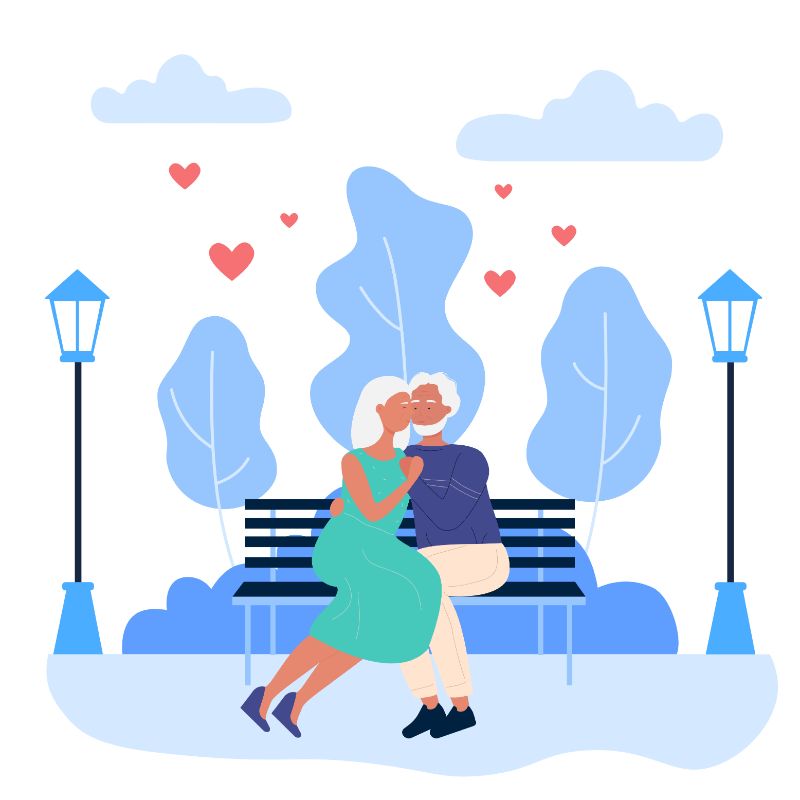 Illustration eines älteren Mannes und einer Frau, die auf einer Bank sitzen und kuscheln