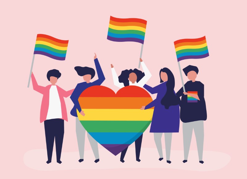Illustration einer Gruppe von Menschen mit Pride-Fahnen und Regenbogenherz