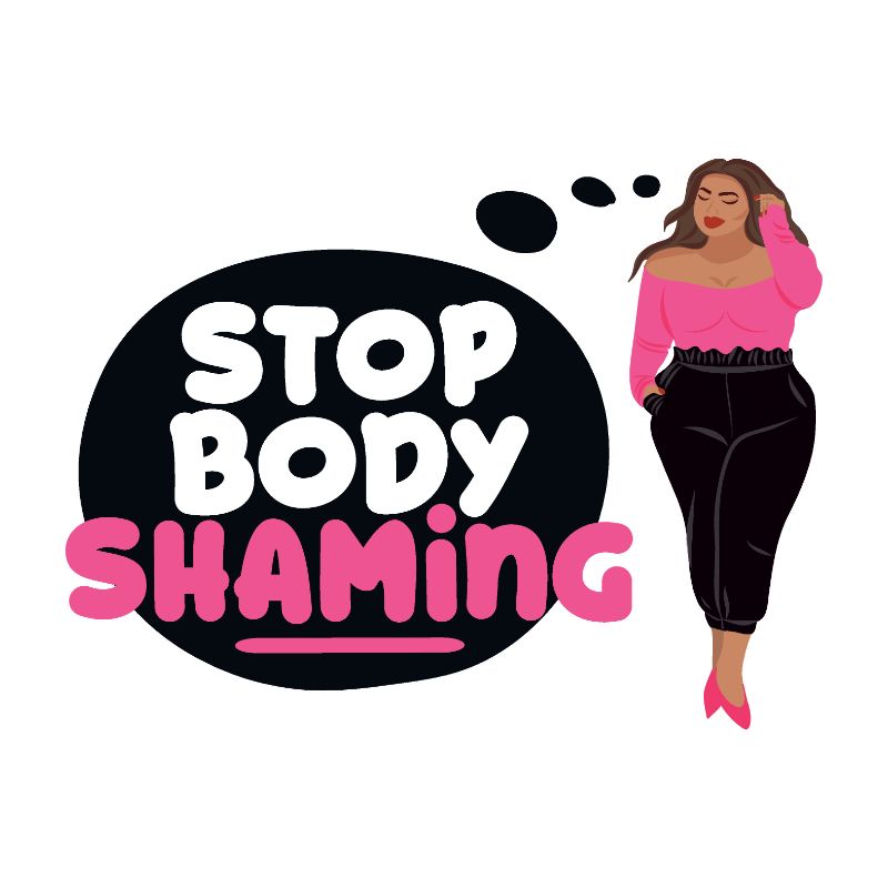 Vektorgrafik einer Frau, die "Stop Body Shaming" denkt