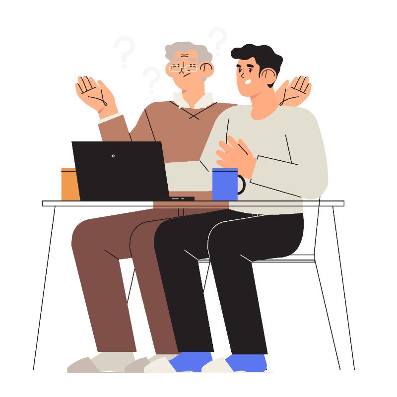 Illustration eines jüngeren Mannes, der einem älteren Mann etwas auf dem Laptop erklärt 