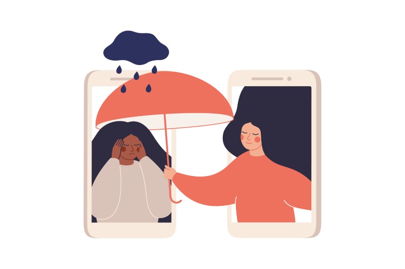 Vektorgrafik eines Mädchens, das eine andere Frau am Telefon tröstet und einen Regenschirm hält