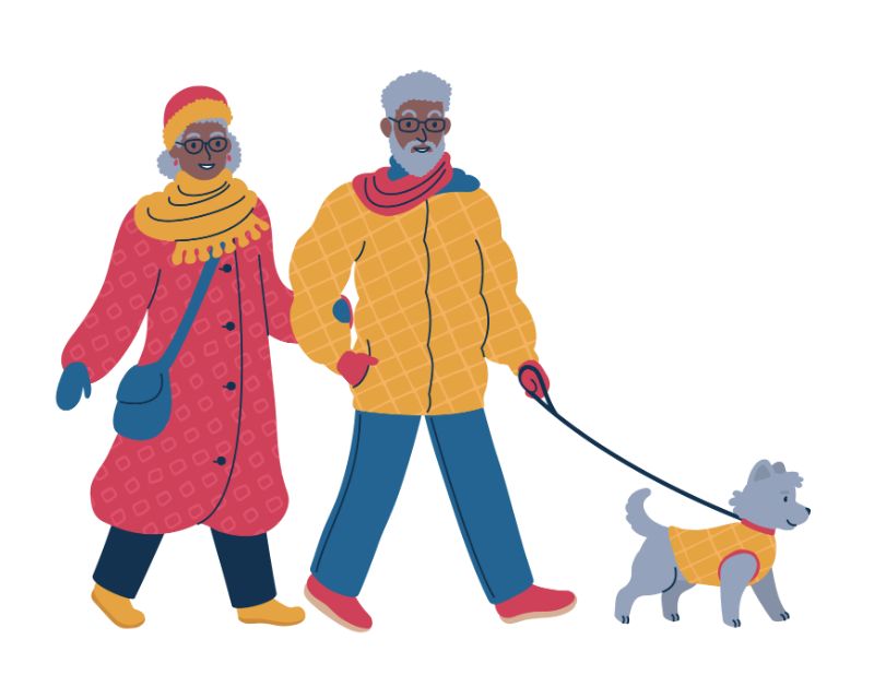 Vektorbild eines älteren Paares, das mit seinem Hund spazieren geht 